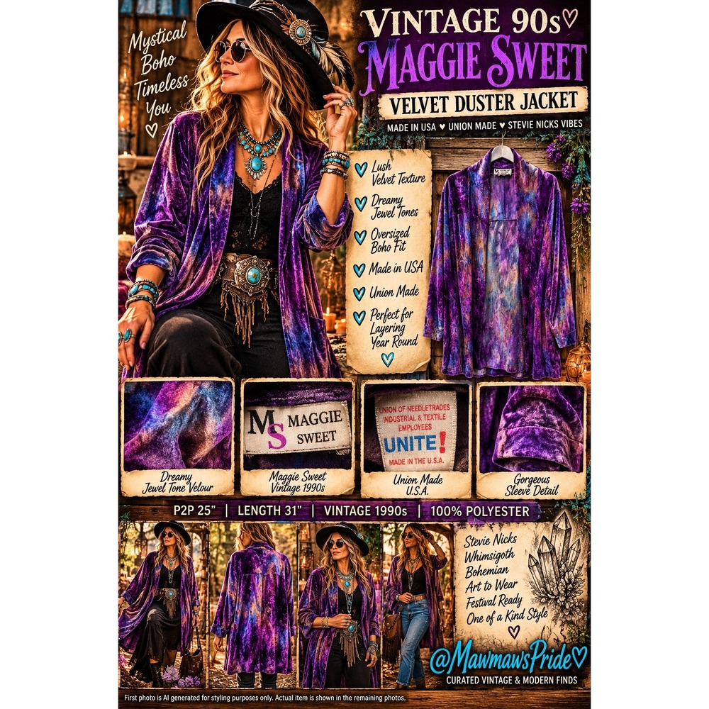 Vintage 90s Maggie Sweet Purple Velvet Duster Jacket USA Whimsigoth Stevie Nicks